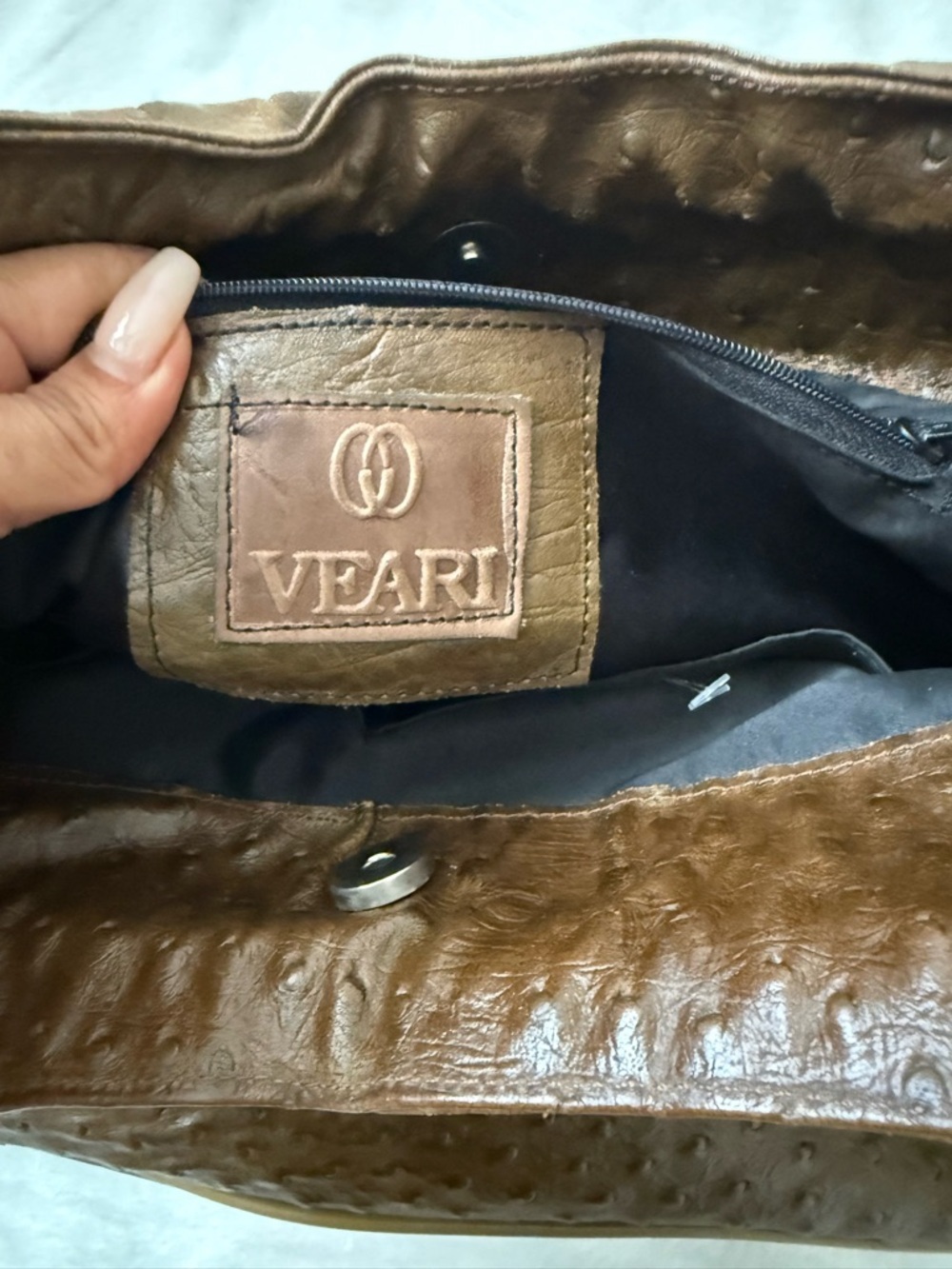 Vintage VEARI Genuine Ostrich Leather Handbag Brown Tan Shoulder Bag - Picture 3 of 11